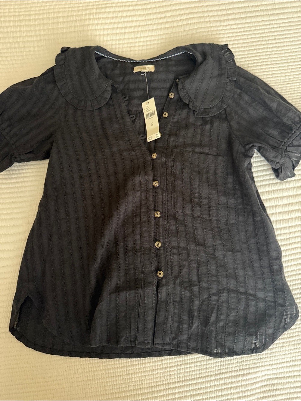 Anthropologie Black Textured Button-Up Blouse with Peter Pan Collar